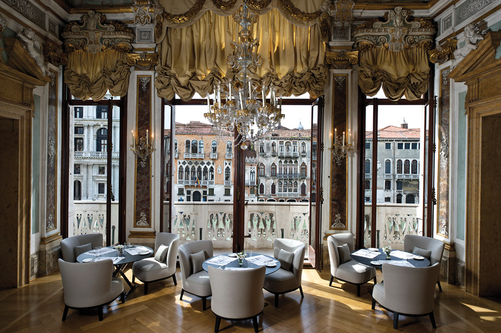 A dining room at the Aman Venice, Italy, which is set in a 16th-century palazzo on the Grand Canal